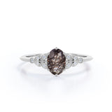 Nature Inspired Leaf Design 1.75 Carat Oval Cut Genuine Black Brown Rutilated Quartz and Diamond Milgrain Art Deco Engagement Ring