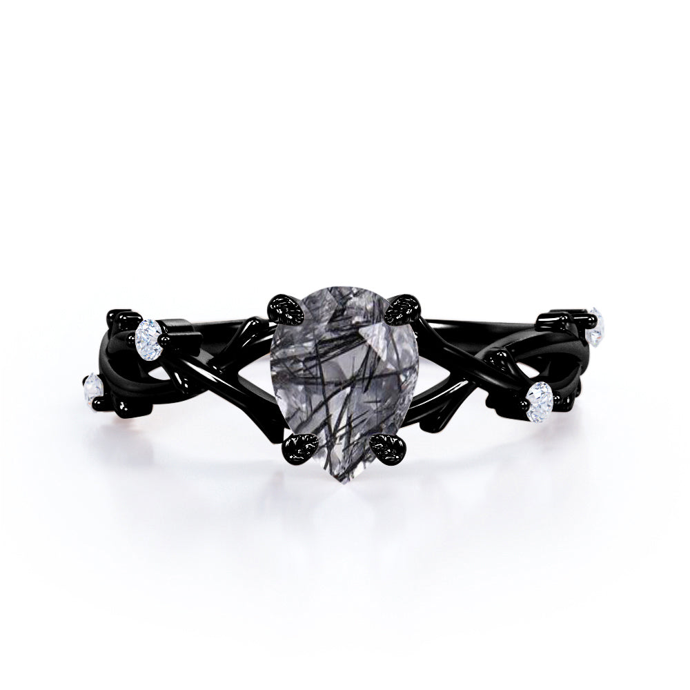 Leaf Twig 1.10 ct Pear Black Rutilated Quartz Infinity Engagement Ring