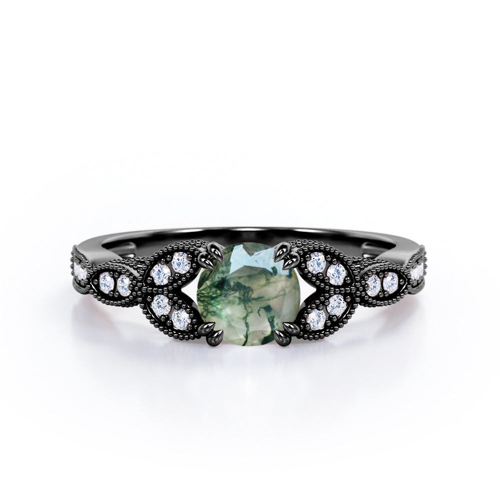 Floral Pattern 1.35 Carat Round Cut Green Moss Agate And Diamond Beaded Art Deco Engagement Ring In White Gold