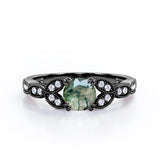 Floral Pattern 1.35 Carat Round Cut Green Moss Agate And Diamond Beaded Art Deco Engagement Ring In White Gold