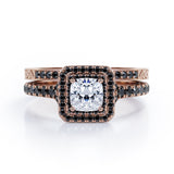 Art-Deco Pave Accented 1.7 TCW Princess Cut Moissanite with Lab Created Black Diamond Double Halo Bridal Ring Set in White Gold