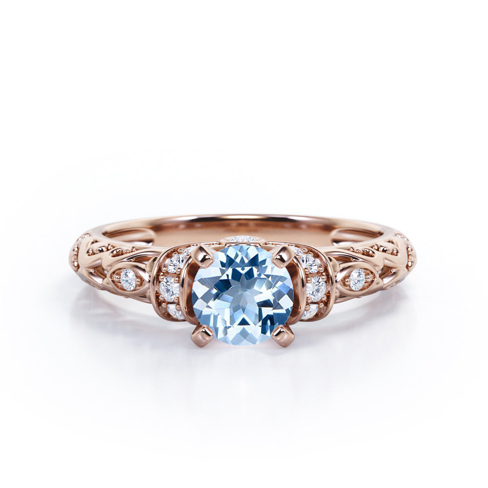 Unique Four Prong 1.15 Carat Round Cut Aquamarine And Diamond Art Deco Engagement Ring In White Gold