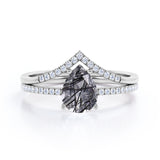 1.40 ct Pear Black Rutilated Quartz V Style Pave Bridal Set