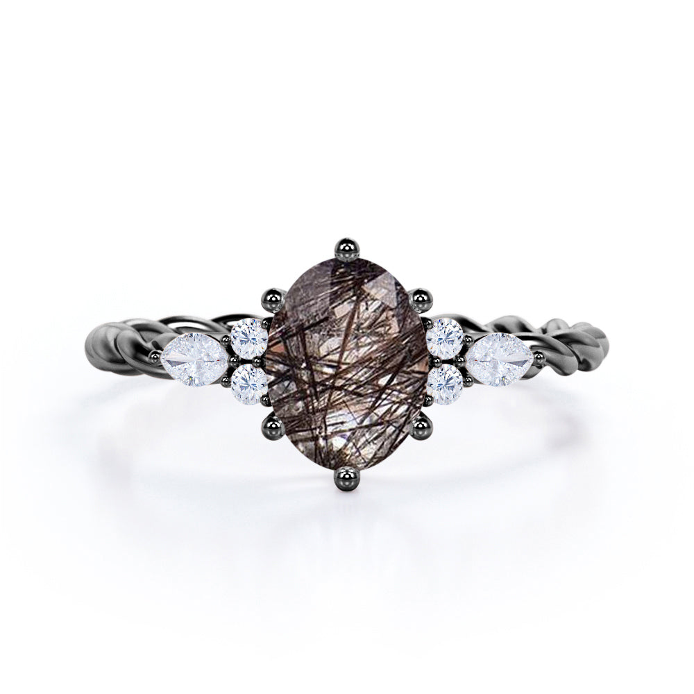Unique Six Prong 1.35 Carat Oval Cut Druzy Black Hair Rutilated Quartz And Diamond Seven Stone Rolled Band Engagement Ring In Rose Gold