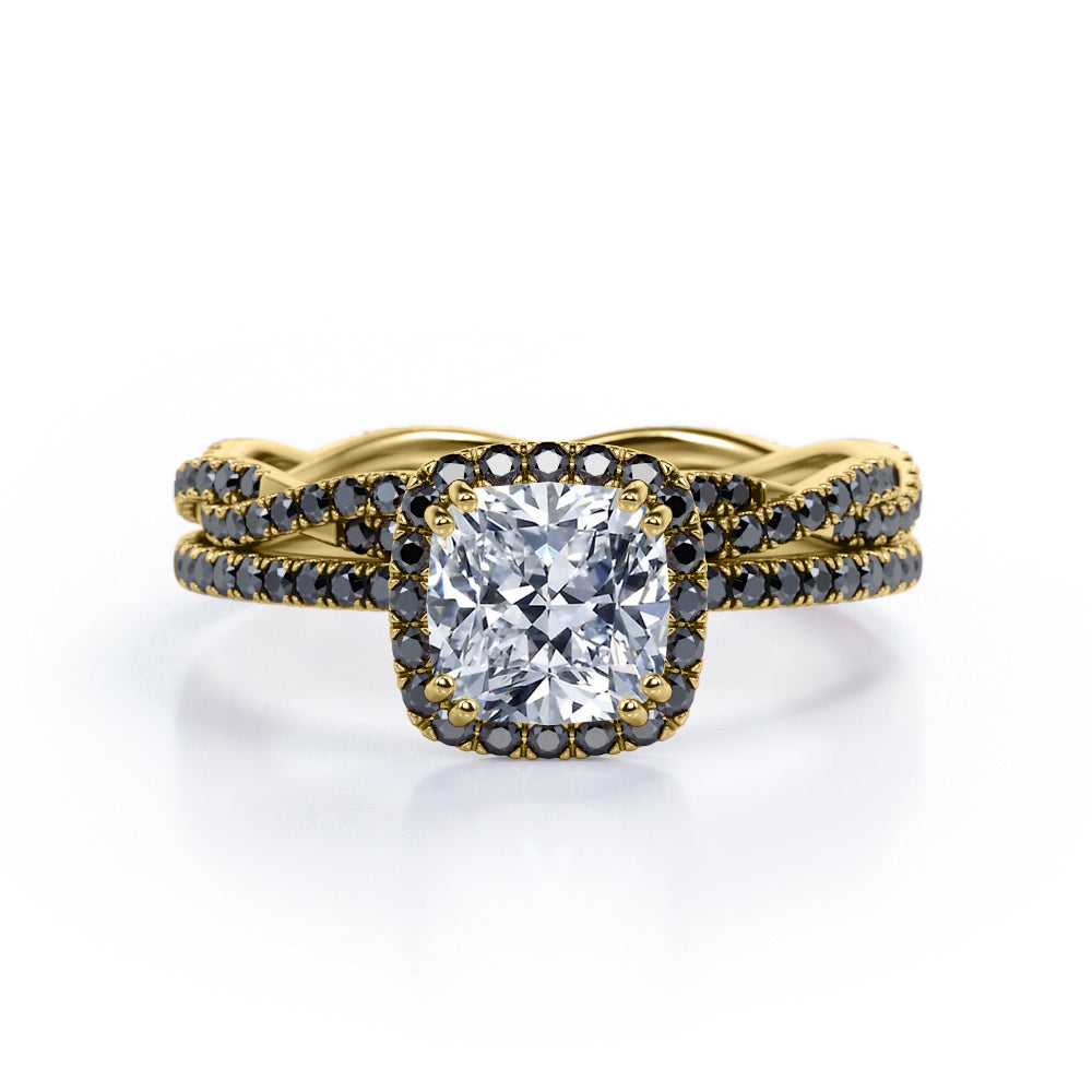 Eternity Crossover - 1.75 TCW Cushion Cut Moissanite with Lab Created Black Diamond - Halo Pave Setting Wedding Set in White Gold