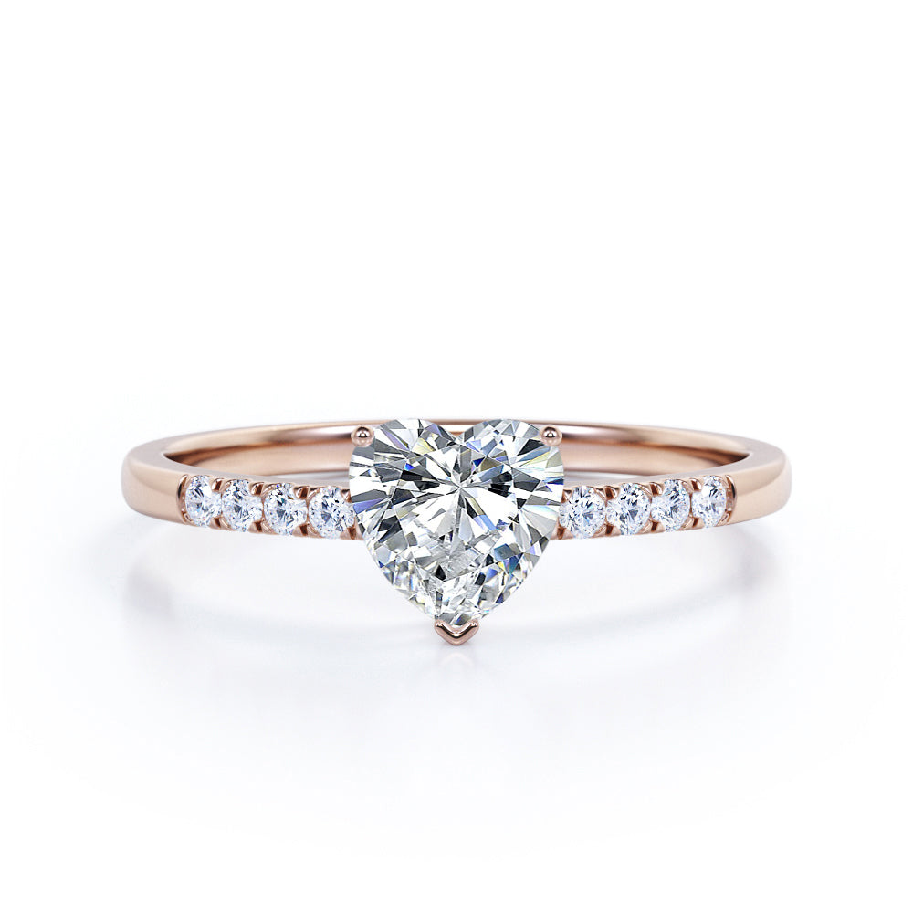 Classic Dainty Band 0.55 carat Heart Moissanite and Diamond Engagement Ring in White Gold