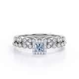 Classic 1.20 Carat Princess Cut Aquamarine And Diamond Vintage Wedding Ring Set In White Gold