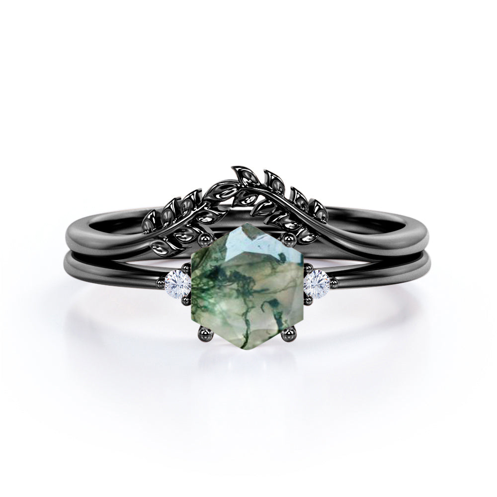 Nature Three Stone Ring 0.55 carat Hexagon Moss Agate and Moissanite Bridal Ring Set in Black Gold