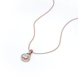 Six Prong Bezel Set 1.10 Carat Round Certified Moissanite and Diamond Halo Pave Pendant Necklace with Chain in Rose Gold