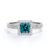 Vintage Milgrain 1.25 Carat Princess Cut Lab Created  Alexandrite And Diamond Art Deco Engagement Ring In White Gold