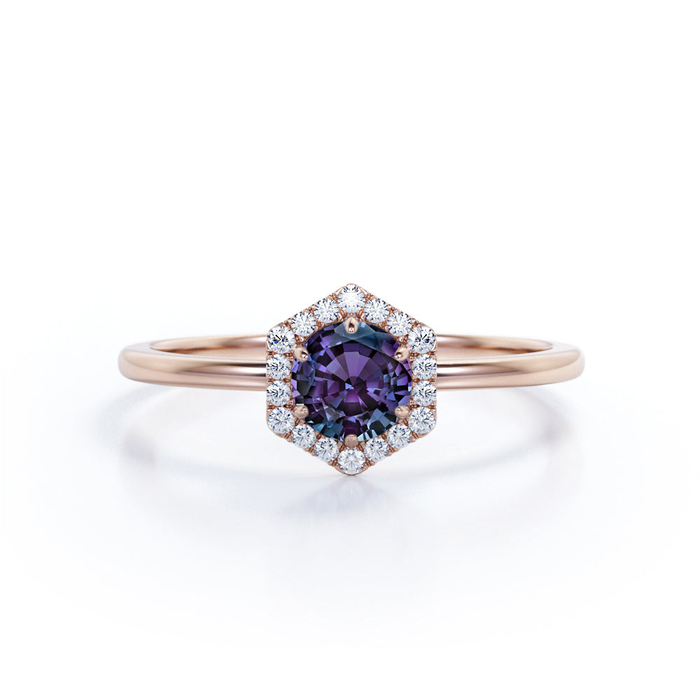 Hexagon Halo 1.15 Carat Round Cut Lab Created Alexandrite And Diamond  Six Prong Engagement Ring In White Gold