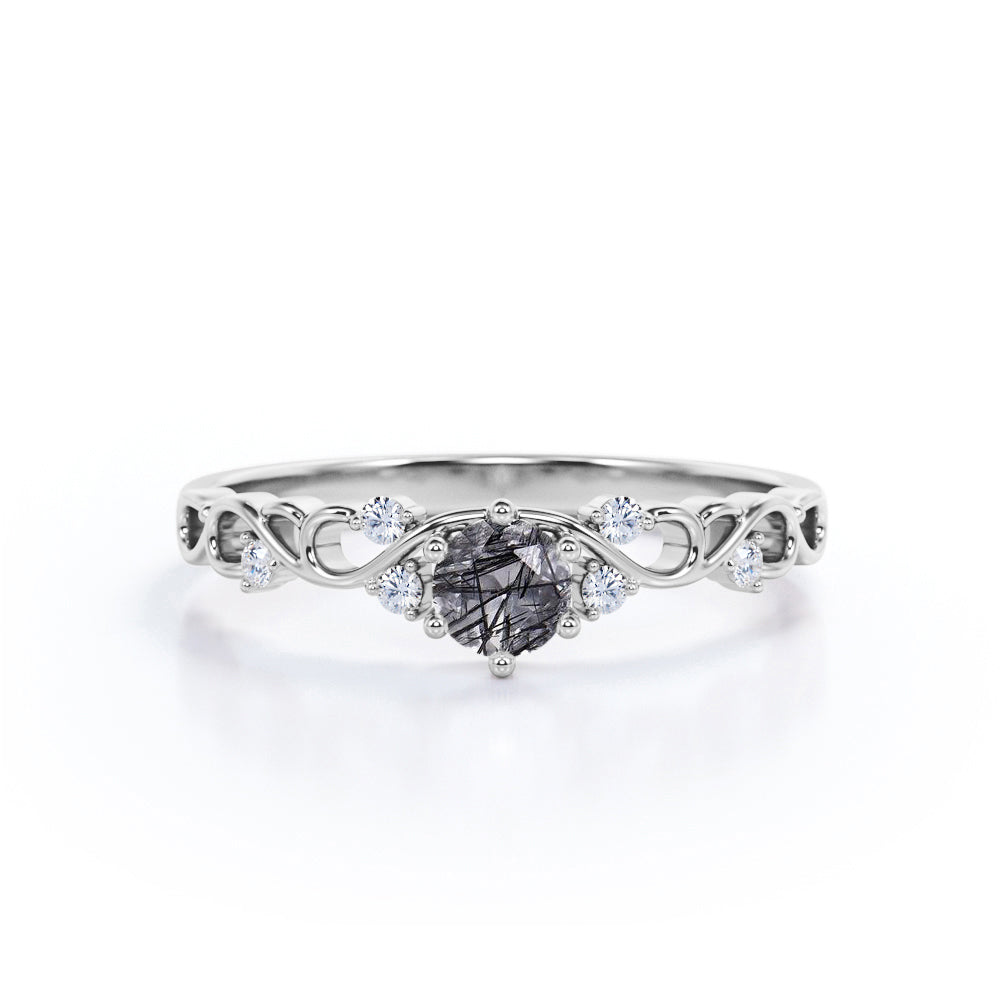 Art Deco 0.65 ct Round Black Rutilated Quartz Engagement Ring