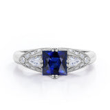 Vintage Eight Prongs 1.30 Carat Princess Cut Sapphire And Diamond Marquise Framed Beaded Engagement Ring In Rose Gold