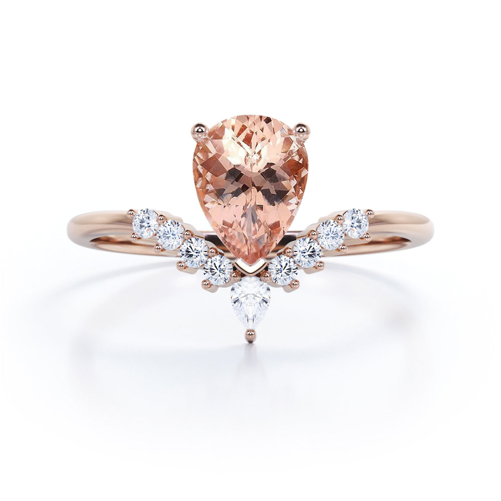 Nifty 1.1 carat Pear Morganite and Moissanite Chevron Engagement Ring in White Gold