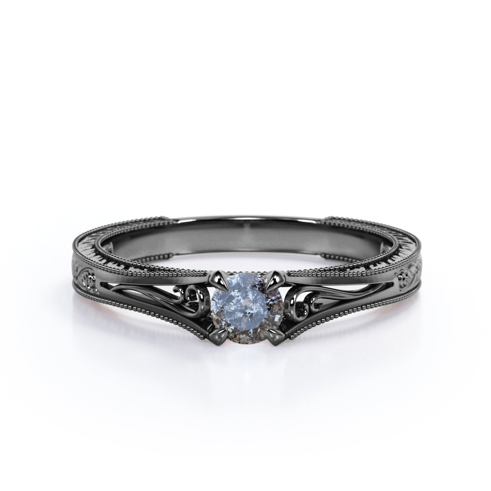 Milgrain 0.50 Ct Round Salt and Pepper Diamond Engagement Ring