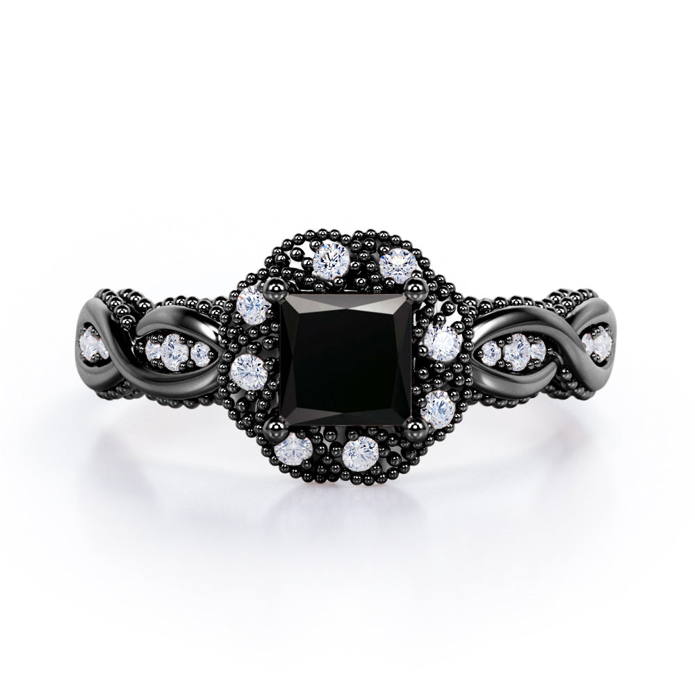 Twisted Beaded 1.15 Carat Princess Cut Black Diamond Infinity Style Engagement Ring In White Gold