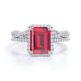 Pave Set 2.25 Carat Emerald Cut Lab Ruby and Diamond Wedding Set with Infinity Band in White Gold