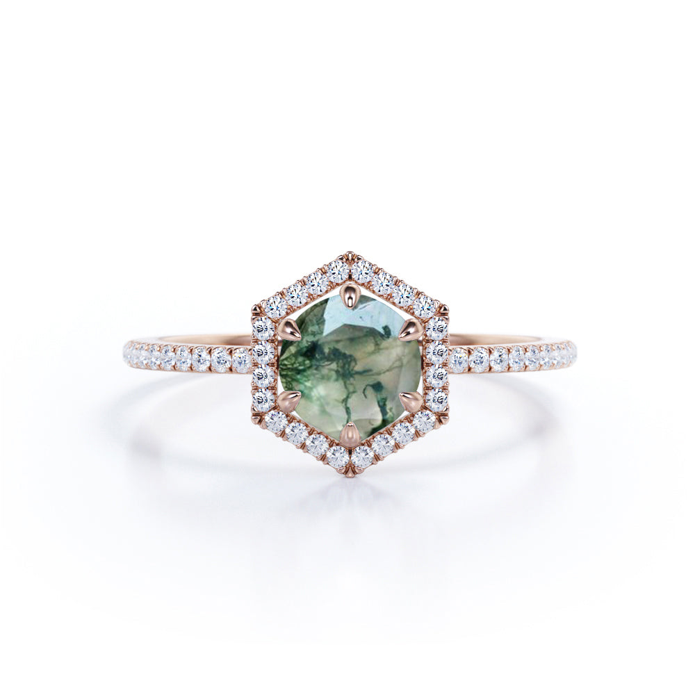Classic Hexagon Halo 1.5 carat Round Moss Agate and Moissanite Paved Engagement Ring in White Gold