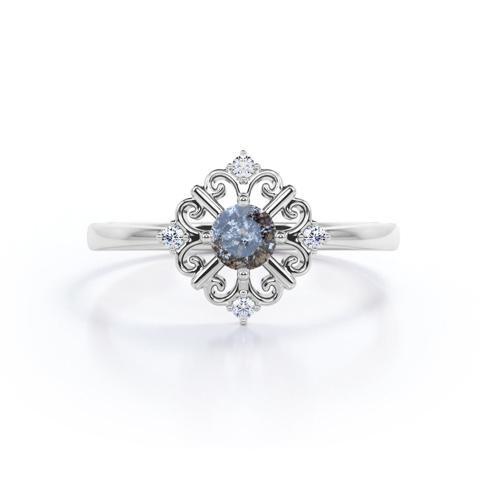 Solitaire Floral Outline 0.60 Carat Round Cut Icy Black Grey Salt and Pepper Diamond Plain Shank Engagement Ring