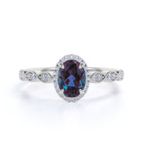 Four Claws Under Halo 1.50 Carat Oval Cut Synthetic Alexandrite and Diamond Marquise Dot Art Deco Engagement Ring