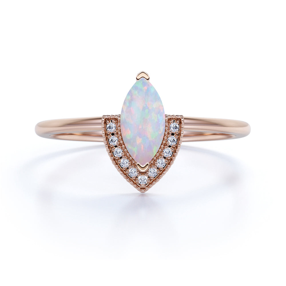 V shaped Style 1.75 Carat Marquise Honey Opal and Diamond Vintage Engagement Ring in White Gold