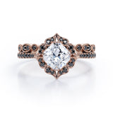 Vintage Filigree Halo - 1.65 TCW Cushion Cut Moissanite with Lab Created Black Diamond - Pave Accented Bridal Ring Set in White Gold