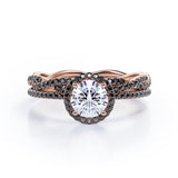 Pave Twisted Eternity 1.75 TCW Round Brilliant Cut Moissanite with Lab Created Black Diamond Halo-Style Wedding Ring Set in Rose Gold