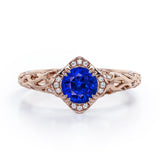 Modern Art Deco 1.10 Carat Round Cut Sapphire And Diamond Cushion Framed Halo Engagement Ring In Rose Gold