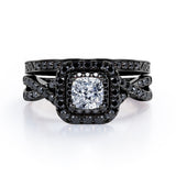 Filigree Twisted Pave 1.75 TCW Princess Cut Moissanite with Lab Created Black Diamond Rounded Square Double Halo Bridal Set in Rose Gold
