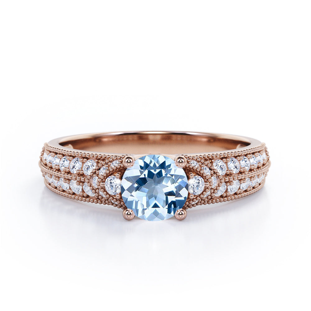 Antique 4 Prong 1.50 Carat Round Cut Aquamarine And Diamond Vintage Milgrain Layered Engagement Ring In White Gold