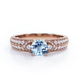 Antique 4 Prong 1.50 Carat Round Cut Aquamarine And Diamond Vintage Milgrain Layered Engagement Ring In White Gold