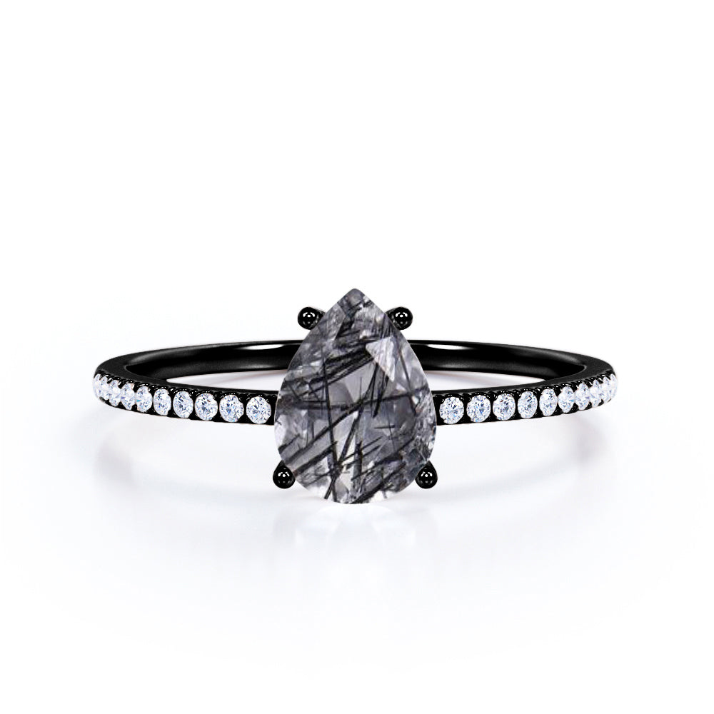 Classic 1.30 Carat Pear Cut Druzy Black Rutilated Quartz And Diamond Four Prong Pave Set Engagement Ring In Rose Gold