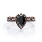 Art-Deco Milgrain Filigree 1.65 TCW Teardrop Lab Created Black Diamond Pave Wedding Ring Set in White Gold