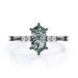 Seven Stones 0.8 carat Hexagon Moss Agate and Moissanite Engagement Ring in Black Gold