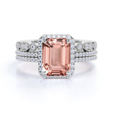 Beautiful 2 Carat Emerald Cut Morganite and Moissanite Trio Wedding Ring Set in White Gold
