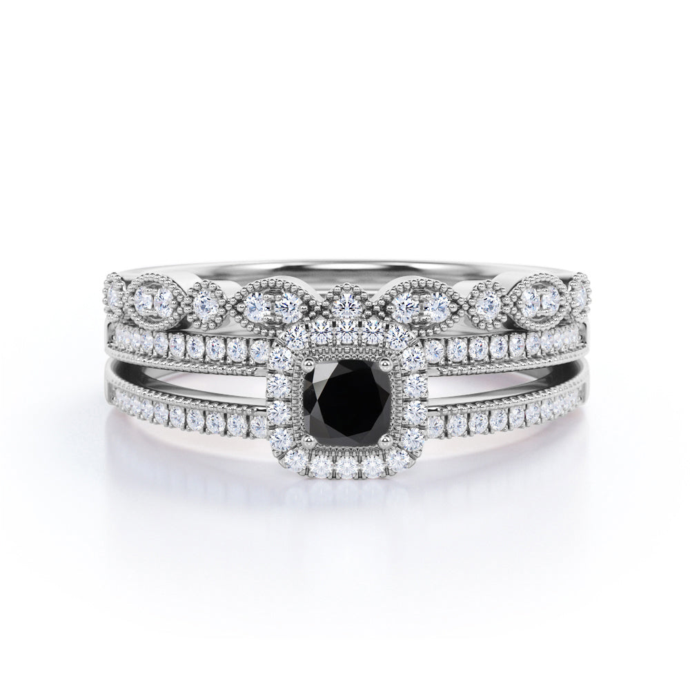 Affordable pair 1.50 Carat Lab Black Diamond Antique Wedding Ring Set in Rose Gold