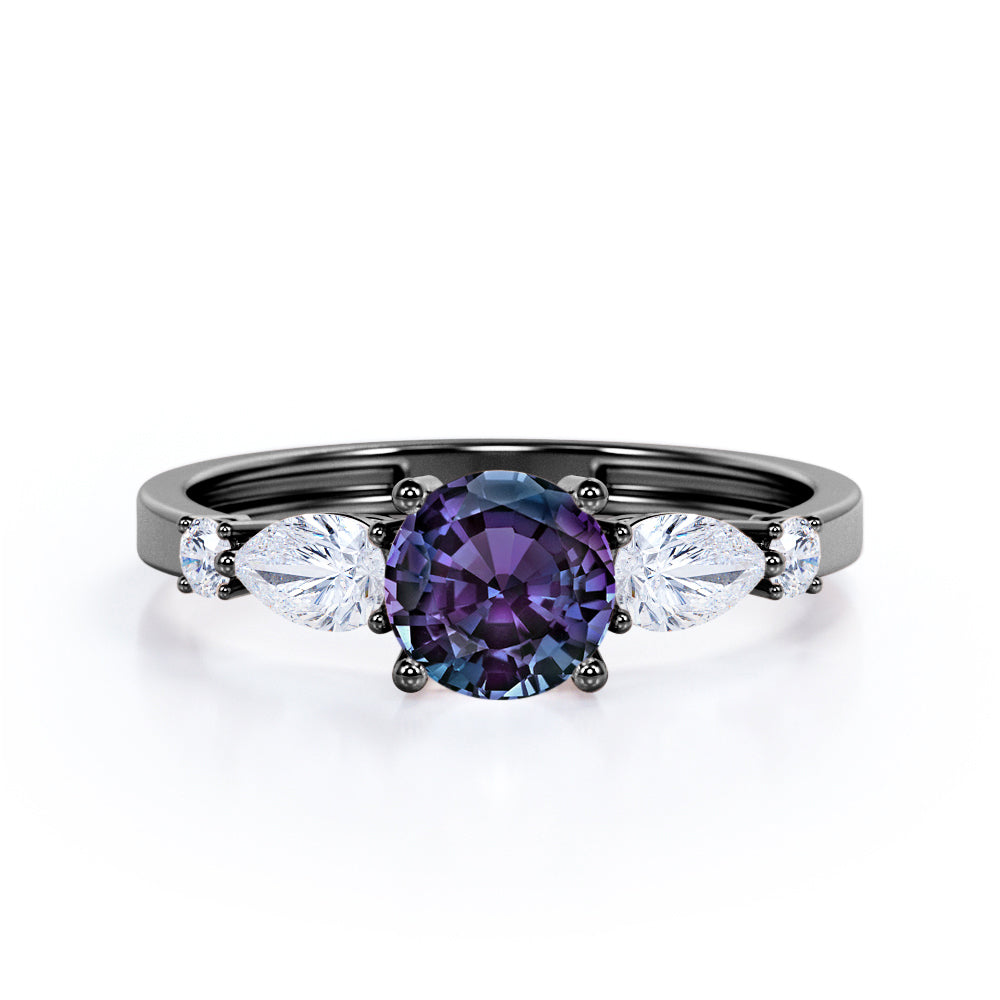 Four Prong 1.35 Carat Brilliant Round Cut Lab Created Alexandrite And Diamond  Five Stone Engagement Ring In White Gold