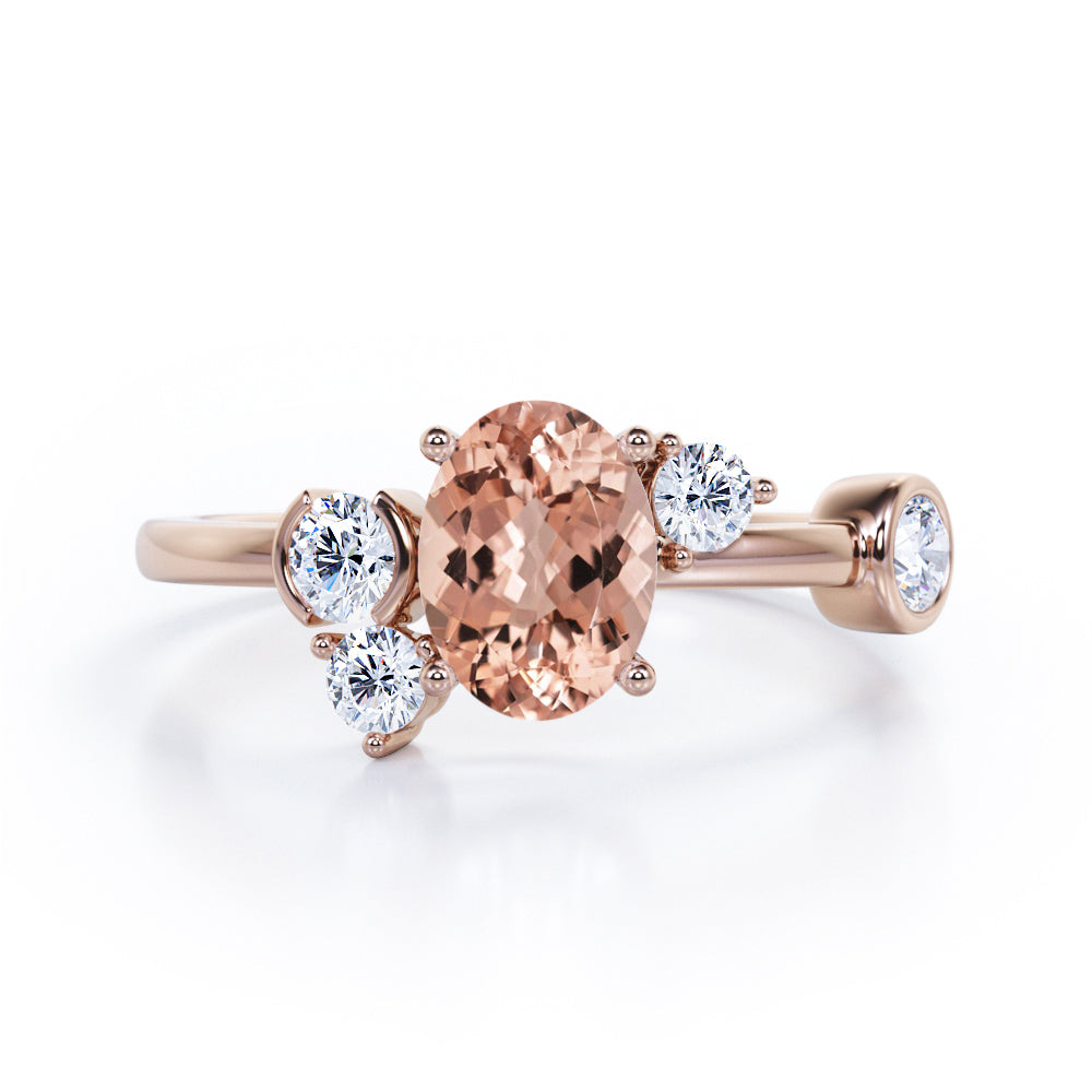 Unique 1 carat Oval Five Stone Ring With Petite Morganite and Diamond in White Gold