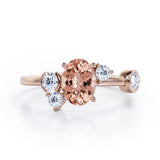 Unique 1 carat Oval Five Stone Ring With Petite Morganite and Diamond in White Gold