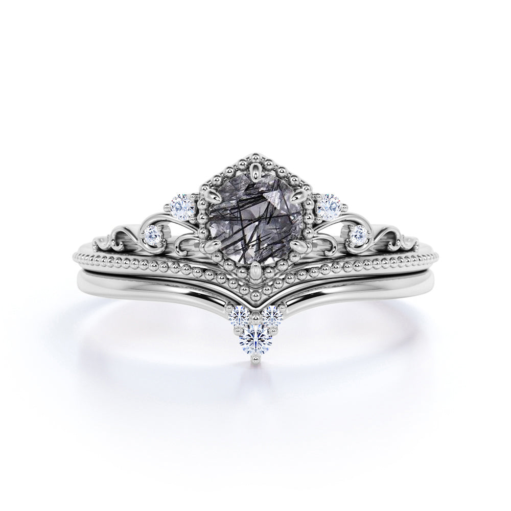 Vintage 0.75 ct Round Cut Black Rutilated Quartz Bridal Set