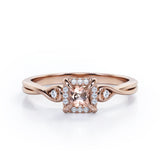 Prong and Halo 0.6 carat Princess Morganite and Moissanite Twisted Shank Engagement Ring in Rose Gold