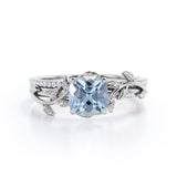 1.25 Carat Cushion Cut Aquamarine And Diamond Nature-Inspired Wedding Ring Set in White Gold