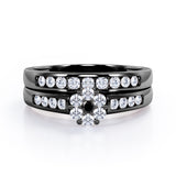 Flower Cluster Design 0.5 TCW Round-Shaped Black Diamond Flush-Channel Bridal Ring Set in  Black Gold