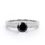 Solitaire 1 Carat Round Cut Black Diamond Four Prong Antique Art Deco Engagement Ring In White Gold