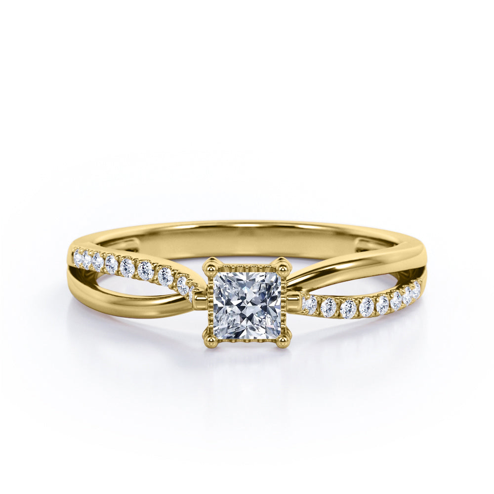 Filigree Prong Bezel - 0.3 TCW Princess Cut Diamond - Scalloped Pave Split Shank Engagement Ring - 10K White Gold