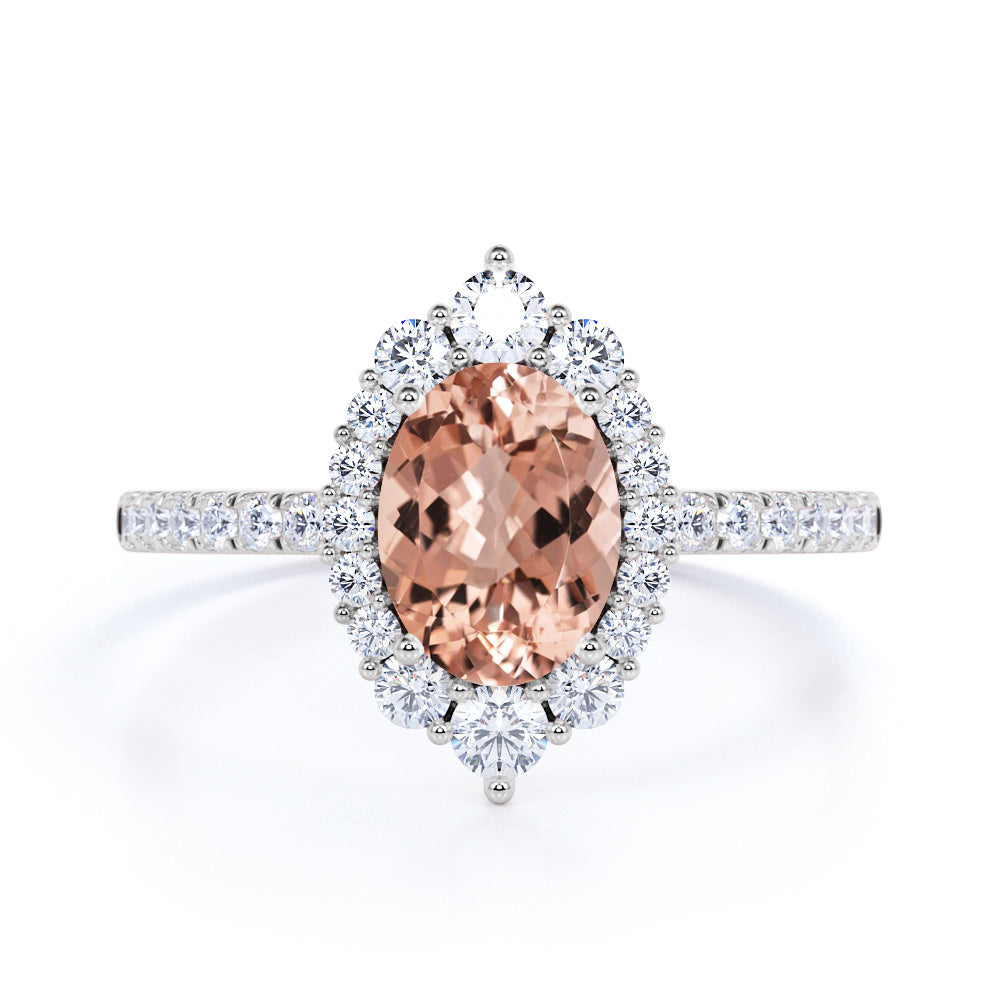 Shared Prong1.50 Carat Oval Shape Dark Pink Morganite and Diamond Halo Snowflake Engagement Ring in Rose Gold