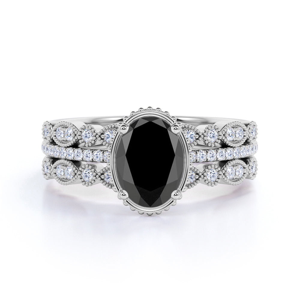 1.75 Carat Oval cut Lab Black Diamond Trio Wedding Ring Set for Women in Rose Gold