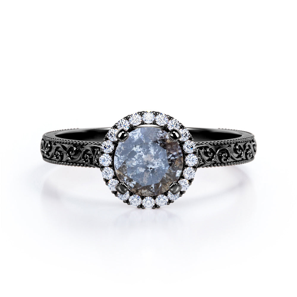 Halo 0.65 Ct Round Salt and Pepper Diamond Engagement Ring