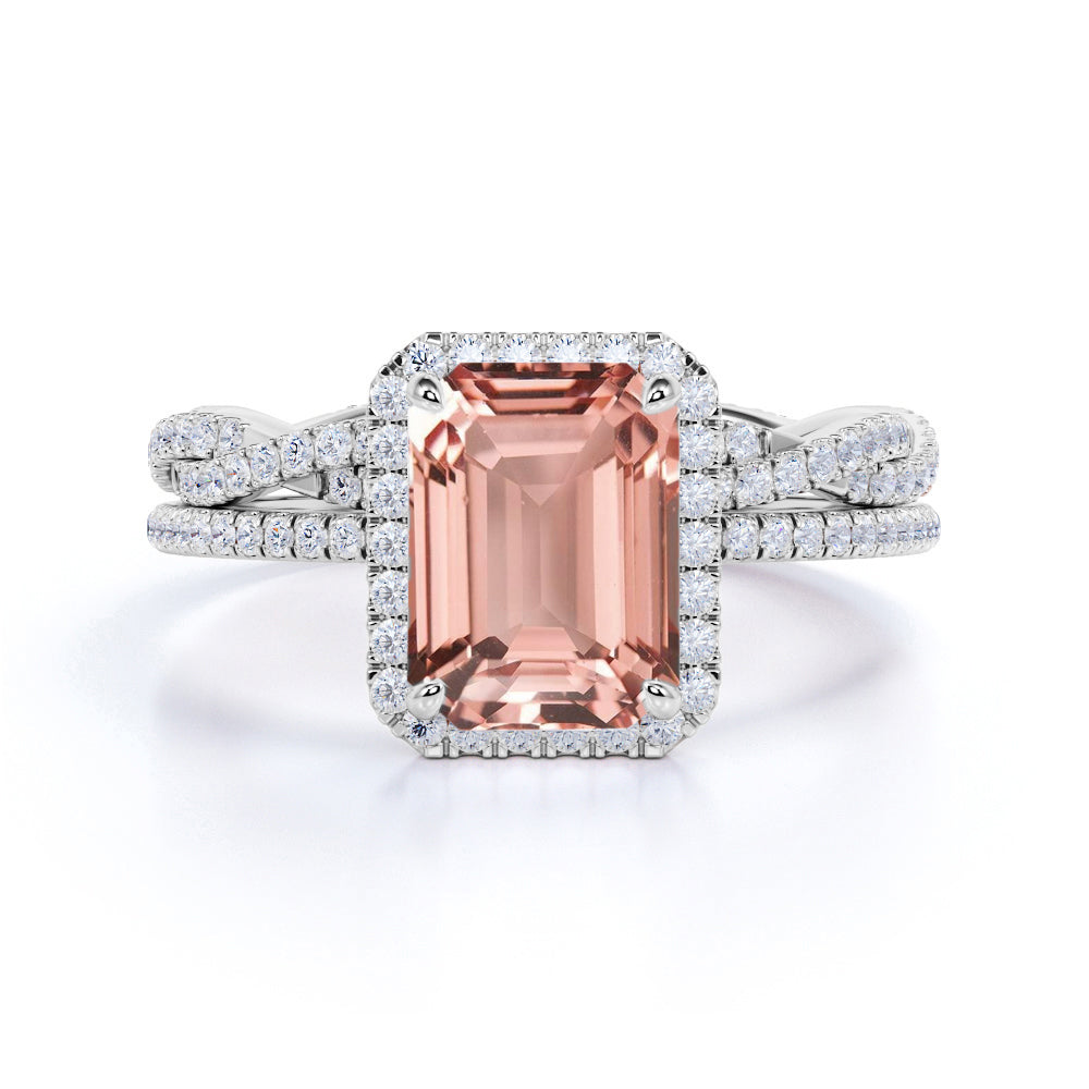 Limited Time Sale: 2 Carat Art Deco emerald cut Morganite and Diamond Halo Wedding Ring Set