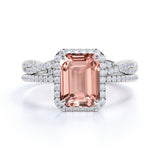 Limited Time Sale: 2 Carat Art Deco emerald cut Morganite and Diamond Halo Wedding Ring Set